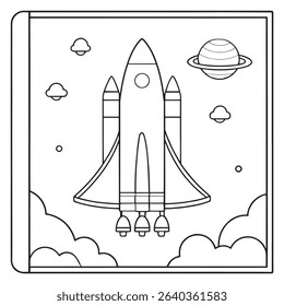 Space rocket launching in a fun coloring page with stars and planets in a simple illustration