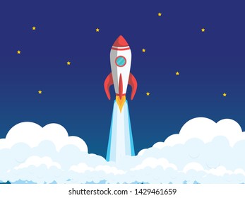Space Rocket launching to space. Start up Simple Rocket web design, technology template