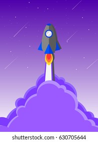 Space rocket launch.Purple sky,Vector illustration.