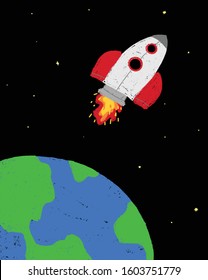 space rocket in the space leaving earth,hand drawn crayon illustration,space background cartoon style