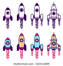 Space Rocket Line Icon Set. Simple Rocket Ship With Flame Pictogram. Monochrome And Colored Vector Illustration.