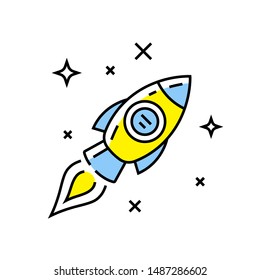 Symbol für die Weltraumraketenzeile. Raumfahrzeug-Symbol. Raumschiff-Zeichentricksymbol. Vektorgrafik.