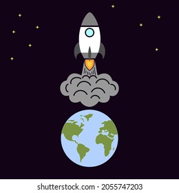 Space rocket logo with earth, star light and black background. Technology icon logo. Logo template design vector illustration 