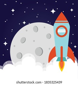 Space rocket with moon and clouds on starry and background of futuristic and cosmos theme Vector illustration