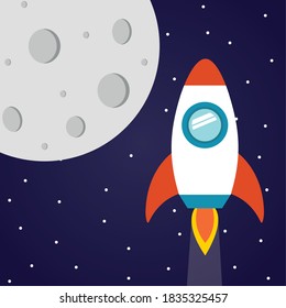 Space rocket with moon on starry background of futuristic and cosmos theme Vector illustration
