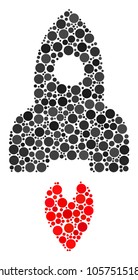 Space Rocket mosaic of circle dots in different sizes and color tones. Circle dots are grouped into space rocket vector collage. Vector illustration.