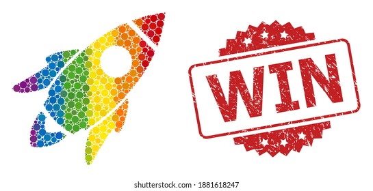 Space rocket mosaic icon of circle blots in various sizes and rainbow colored color hues, and Win unclean rosette stamp seal. A dotted LGBT-colored Space rocket for lesbians, gays, transgenders,