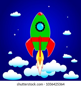 Space rocket on a background of blue sky and clouds.                                                                                                                                     
