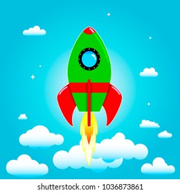 Space rocket on a background of blue sky and clouds.                                                                                                                                     