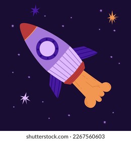 Space rocket on the background of the starry sky vector illustration. Spaceship in flat style. International Day of Human Space Flight and Cosmonautics Day. Ideal for stickers, postcards and childres