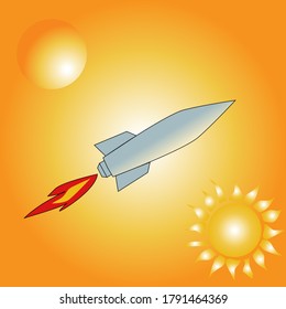 
cohete espacial sobre el fondo del dibujo del sol y del vector del planeta para los niños