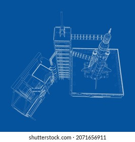 Space Rocket on launch pad. Vector rendering of 3d. Wire-frame style. Elements of this image furnished by NASA. The layers of visible and invisible lines are separated