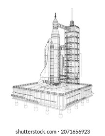 Space Rocket on launch pad. Vector rendering of 3d. Wire-frame style. Elements of this image furnished by NASA. The layers of visible and invisible lines are separated