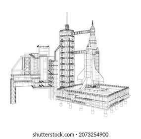 Space Rocket on launch pad. Vector rendering of 3d. Wire-frame style. Elements of this image furnished by NASA. The layers of visible and invisible lines are separated