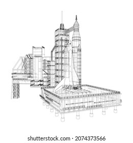 Space Rocket on launch pad. Vector rendering of 3d. Wire-frame style. Elements of this image furnished by NASA. The layers of visible and invisible lines are separated