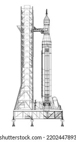 Space Rocket on launch pad. Vector rendering of 3d. Wire-frame style. Elements of this image furnished by NASA. The layers of visible and invisible lines are separated