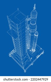 Cohetes espaciales en la plataforma de lanzamiento. Representación vectorial de 3d. Estilo de marco de cables. Elementos de esta imagen amueblados por la NASA. Las capas de líneas visibles e invisibles están separadas