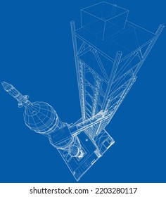 Space Rocket on launch pad. Vector rendering of 3d. Wire-frame style. Elements of this image furnished by NASA. The layers of visible and invisible lines are separated