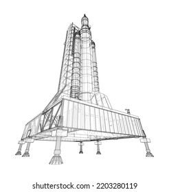 Space Rocket on launch pad. Vector rendering of 3d. Wire-frame style. Elements of this image furnished by NASA. The layers of visible and invisible lines are separated