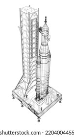Space Rocket on launch pad. Vector rendering of 3d. Wire-frame style. Elements of this image furnished by NASA. The layers of visible and invisible lines are separated