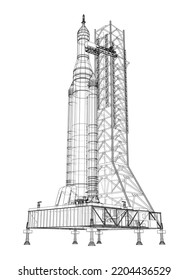 Space Rocket on launch pad. Vector rendering of 3d. Wire-frame style. Elements of this image furnished by NASA. The layers of visible and invisible lines are separated