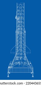 Space Rocket on launch pad. Vector rendering of 3d. Wire-frame style. Elements of this image furnished by NASA. The layers of visible and invisible lines are separated