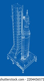 Cohetes espaciales en la plataforma de lanzamiento. Representación vectorial de 3d. Estilo de marco de cables. Elementos de esta imagen amueblados por la NASA. Las capas de líneas visibles e invisibles están separadas