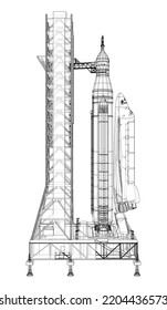 Space Rocket on launch pad. Vector rendering of 3d. Wire-frame style. Elements of this image furnished by NASA. The layers of visible and invisible lines are separated