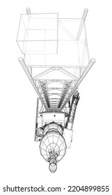 Space Rocket on launch pad. Vector rendering of 3d. Wire-frame style. Elements of this image furnished by NASA. The layers of visible and invisible lines are separated