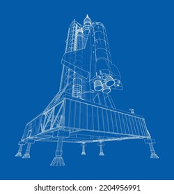 Space Rocket on launch pad. Vector rendering of 3d. Wire-frame style. Elements of this image furnished by NASA. The layers of visible and invisible lines are separated