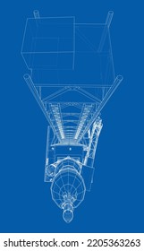 Space Rocket on launch pad. Vector rendering of 3d. Wire-frame style. Elements of this image furnished by NASA. The layers of visible and invisible lines are separated
