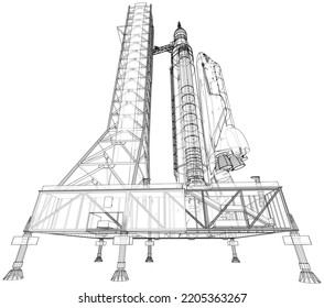 Space Rocket on launch pad. Vector rendering of 3d. Wire-frame style. Elements of this image furnished by NASA. The layers of visible and invisible lines are separated