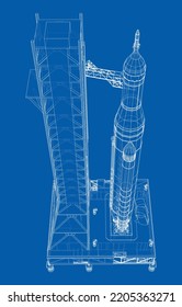 Space Rocket on launch pad. Vector rendering of 3d. Wire-frame style. Elements of this image furnished by NASA. The layers of visible and invisible lines are separated