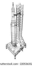 Space Rocket on launch pad. Vector rendering of 3d. Wire-frame style. Elements of this image furnished by NASA. The layers of visible and invisible lines are separated