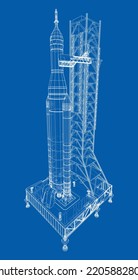 Space Rocket on launch pad. Vector rendering of 3d. Wire-frame style. Elements of this image furnished by NASA. The layers of visible and invisible lines are separated