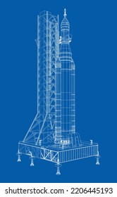 Space Rocket on launch pad. Vector rendering of 3d. Wire-frame style. Elements of this image furnished by NASA. The layers of visible and invisible lines are separated