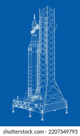 Space Rocket on launch pad. Vector rendering of 3d. Wire-frame style. Elements of this image furnished by NASA. The layers of visible and invisible lines are separated