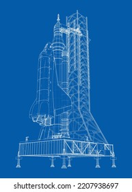 Space Rocket on launch pad. Vector rendering of 3d. Wire-frame style. Elements of this image furnished by NASA. The layers of visible and invisible lines are separated