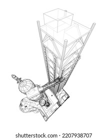 Space Rocket on launch pad. Vector rendering of 3d. Wire-frame style. Elements of this image furnished by NASA. The layers of visible and invisible lines are separated