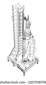 Cohetes espaciales en la plataforma de lanzamiento. Representación vectorial de 3d. Estilo de marco de cables. Elementos de esta imagen amueblados por la NASA. Las capas de líneas visibles e invisibles están separadas