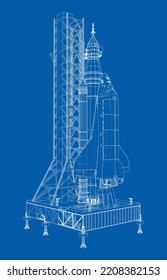 Space Rocket on launch pad. Vector rendering of 3d. Wire-frame style. Elements of this image furnished by NASA. The layers of visible and invisible lines are separated
