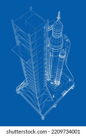 Space Rocket on launch pad. Vector rendering of 3d. Wire-frame style. Elements of this image furnished by NASA. The layers of visible and invisible lines are separated