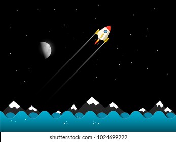 Space Rocket on Night Sky Above Ocean Vector Cartoon