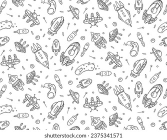 space rocket pattern on a transparent background, doodle style, space adventure, children's print. Vector graphics for packaging and testing design