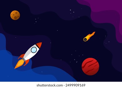 Space rocket and planet background. Abstract galaxy vector illustration poster design template