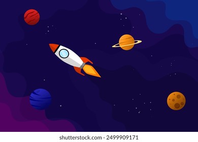 Space rocket and planet background. Abstract galaxy vector illustration poster design template