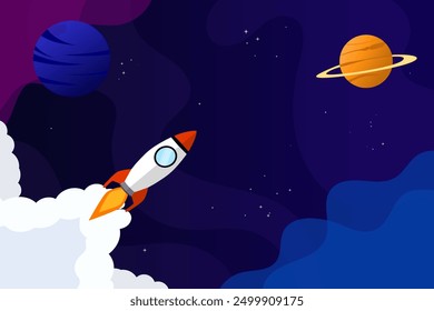 Space rocket and planet background. Abstract galaxy vector illustration poster design template