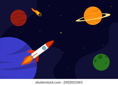 Space rocket and planet background. Galaxies vector illustration poster design template