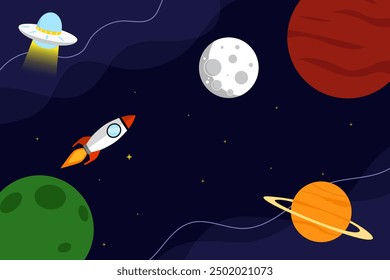 Space rocket and planet background. Galaxies vector illustration poster design template