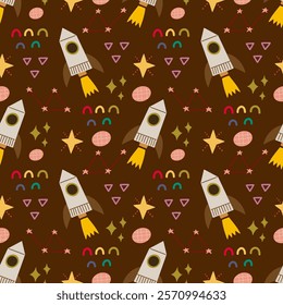 Space, rocket, planet, black hole, satellite, stars seamless pattern, vector background. Ideal for fabric, textile, baby bedding, wallpaper, pajamas. Scandinavian style.